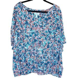 D & Co Summer Floral Top Peplum Hem Fluttery Sleeves Flowy Fabric Women's 3X